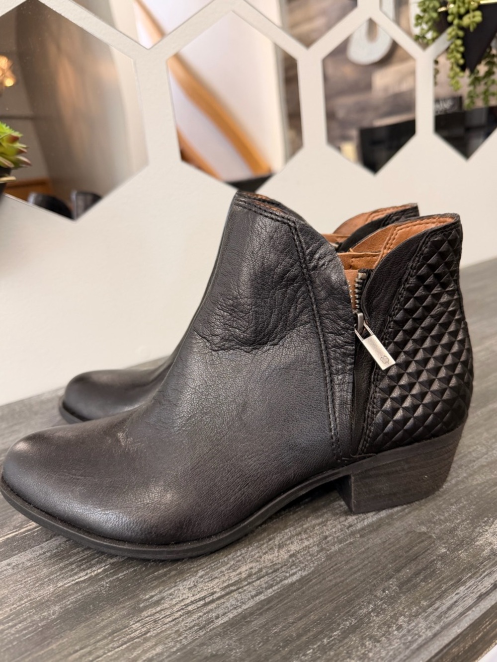 Lucky Brand Black Leather Ankle Boots Size 9 Side Zip Low Heel Booties